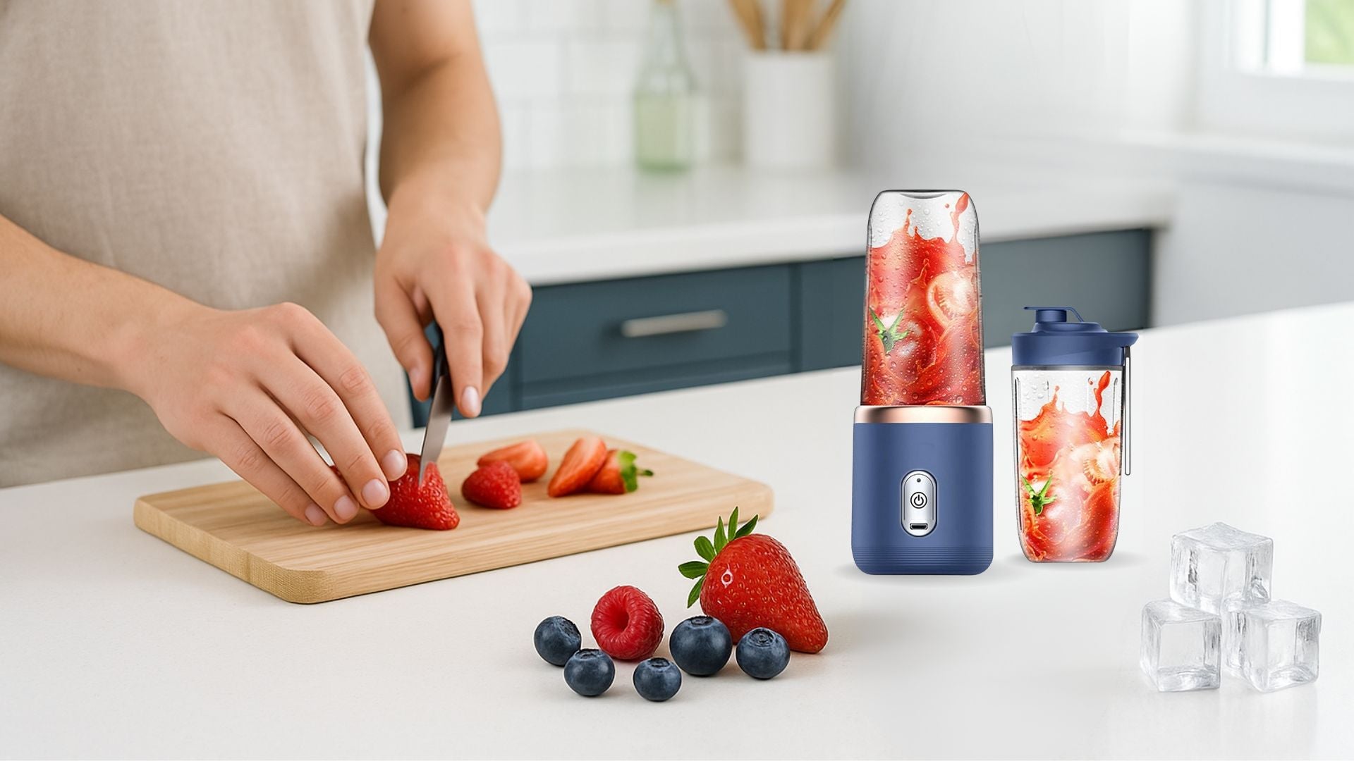 BlndrX Pro Juicer blender with fresh berries and ice on kitchen counter.