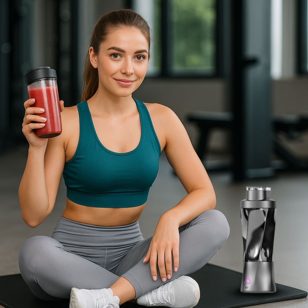 Woman in gym wear holding Blndr-X smoothie bottle, sitting on workout mat.