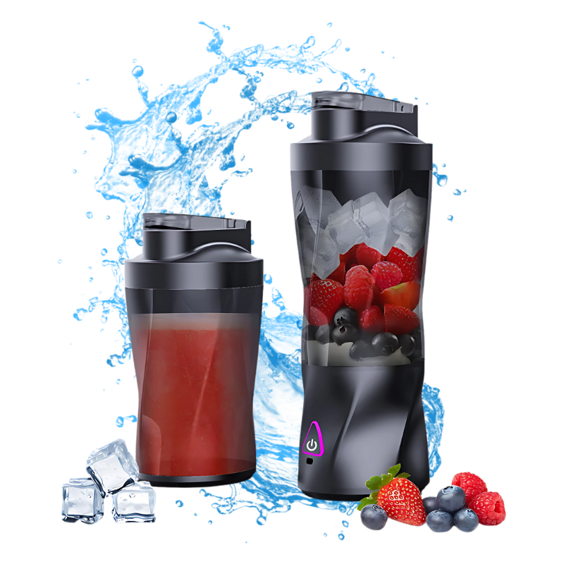 BlndrX MaxBlend blender with fresh berries, ice cubes, and smoothie with blue splash effect.